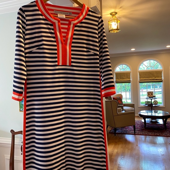 Gretchen Scott split neck navy blue & white striped Everywhere dress size Medium - Picture 4 of 10